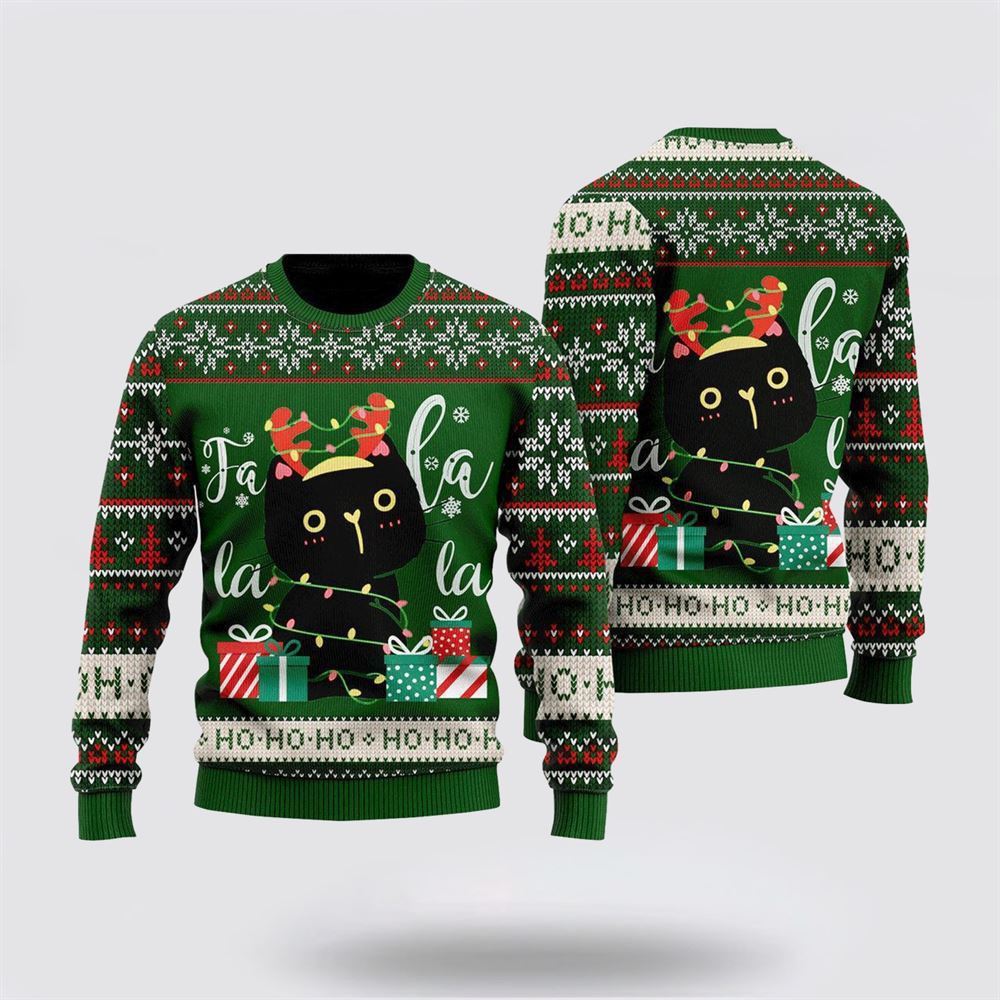 Black Cat Hohoho Ugly Christmas Sweater, Christmas Sweater For Cat Lover