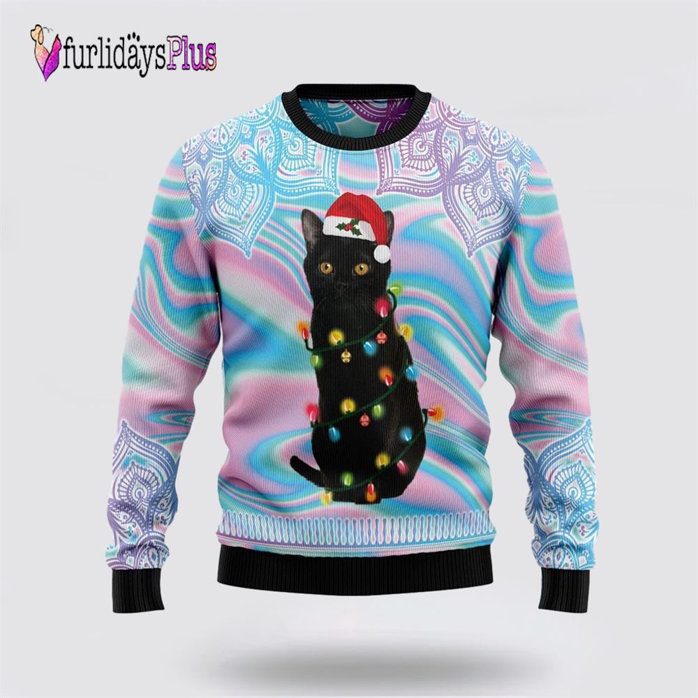 Black Cat Hologram Pattern Ugly Christmas Sweater, Cat Lover Christmas Sweater