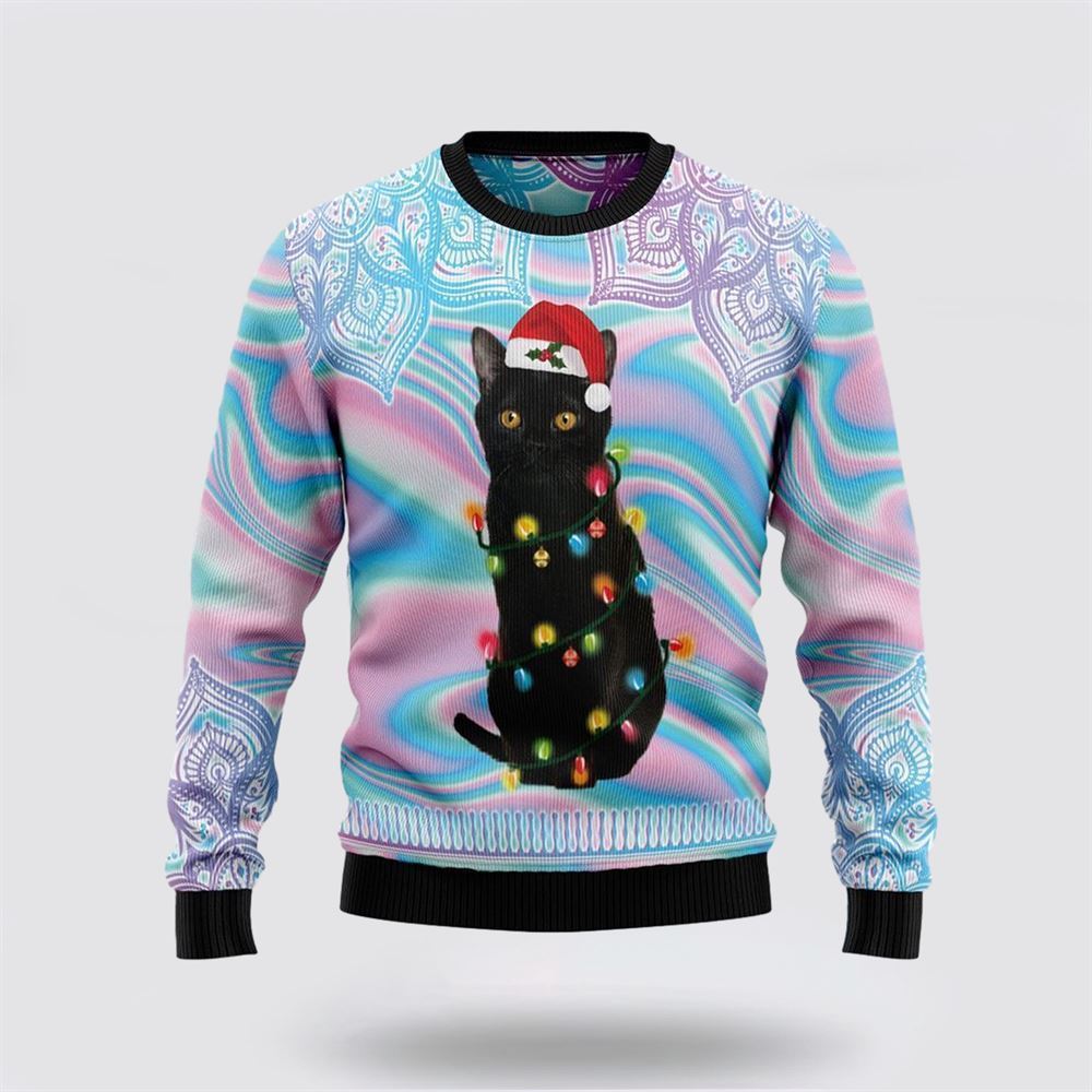 Black Cat Hologram Pattern Ugly Christmas Sweater, Christmas Sweater For Cat Lover