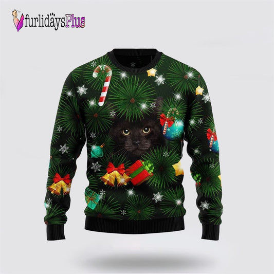 Black Cat Inside Tree Ugly Christmas Sweater, Cat Lover Christmas Sweater