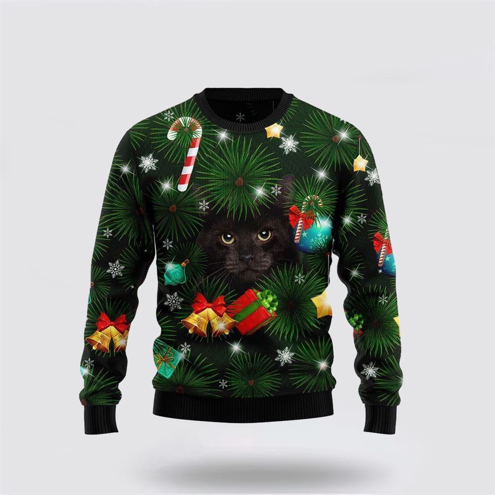 Black Cat Inside Tree Ugly Christmas Sweater, Christmas Sweater For Cat Lover