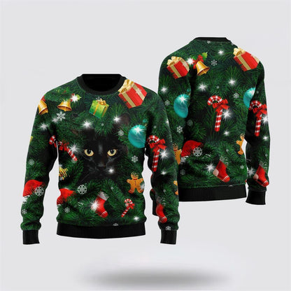 Black Cat Inside Tree Ugly Christmas Sweater, Christmas Sweater For Cat Lover