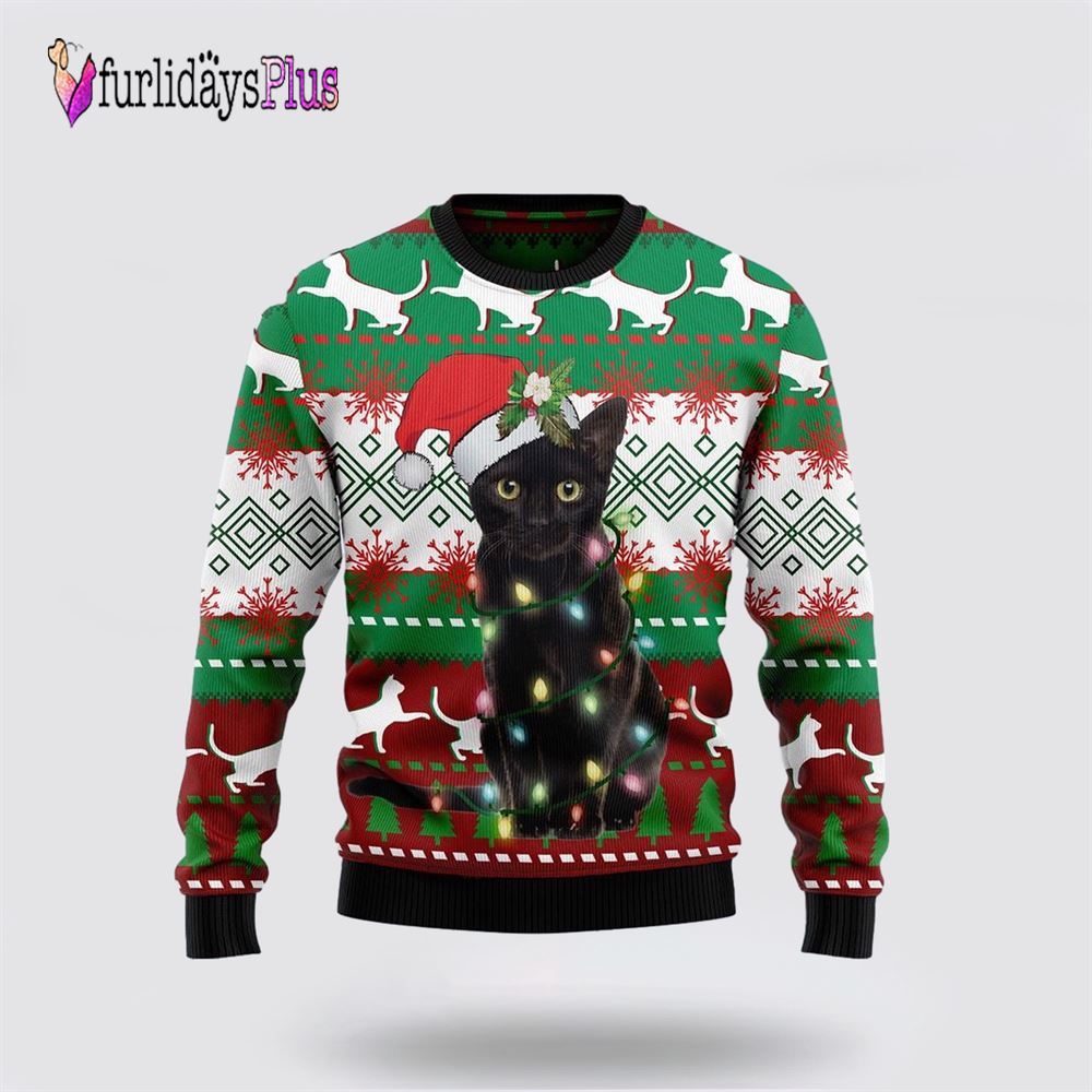 Black Cat Light Christmas Ugly Christmas Sweater, Cat Lover Christmas Sweater