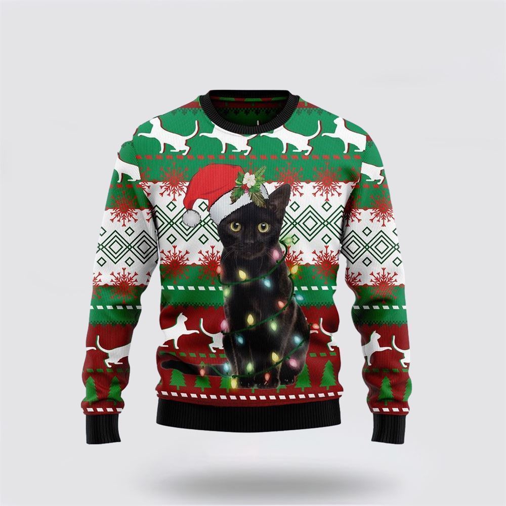 Black Cat Light Christmas Ugly Christmas Sweater, Christmas Sweater For Cat Lover