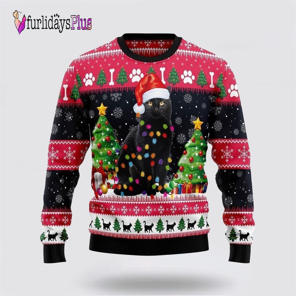 Black Cat Light Ugly Christmas Sweater, Cat Lover Christmas Sweater