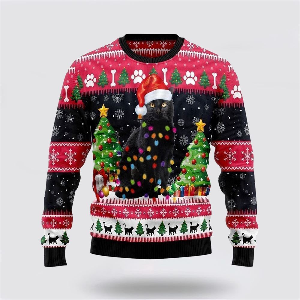 Black Cat Light Ugly Christmas Sweater, Christmas Sweater For Cat Lover