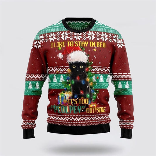 Black Cat Like Stay To In Bed Xmas Ugly Christmas Sweater, Christmas Sweater For Cat Lover