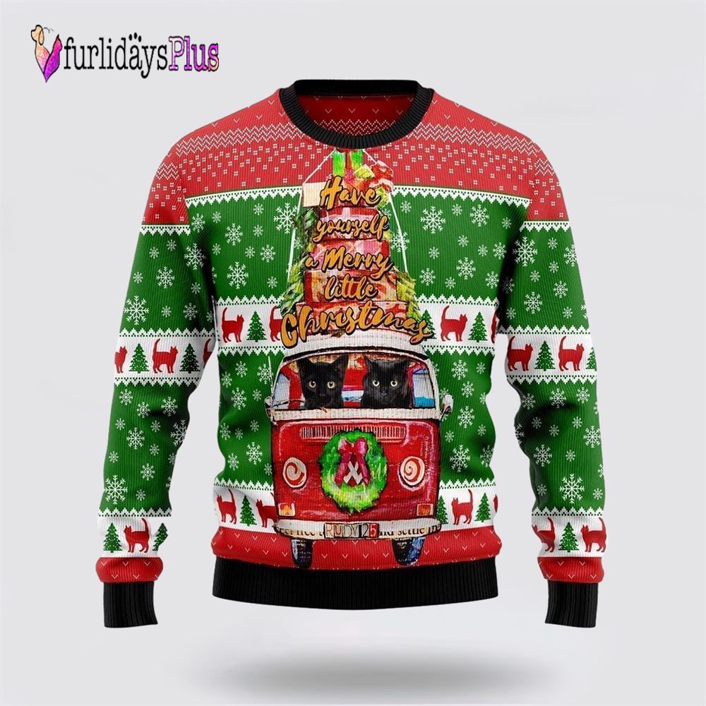 Black Cat Little Christmas Ugly Christmas Sweater, Cat Lover Christmas Sweater