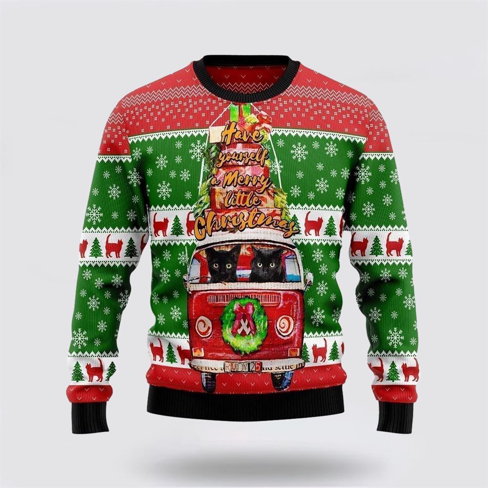 Black Cat Little Christmas Ugly Christmas Sweater, Christmas Sweater For Cat Lover