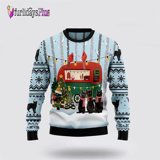 Black Cat Love Camping Ugly Christmas Sweater, Cat Lover Christmas Sweater