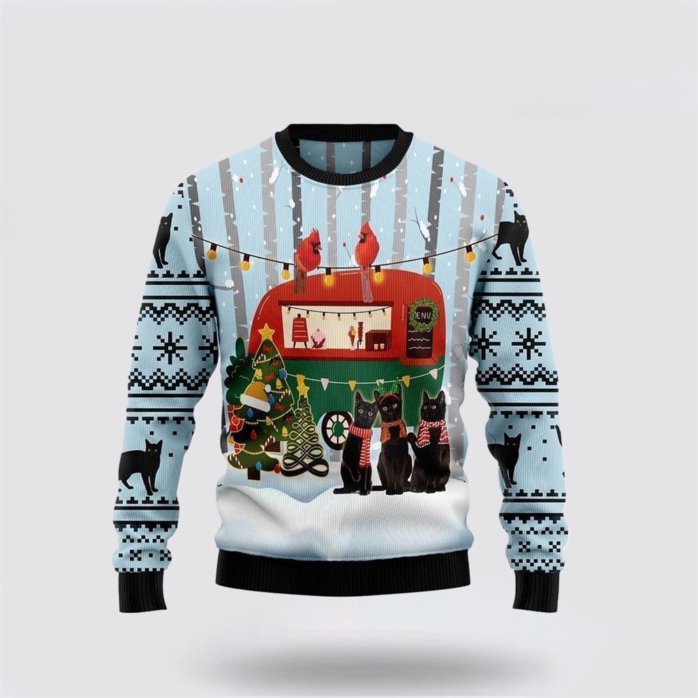 Black Cat Love Camping Ugly Christmas Sweater, Christmas Sweater For Cat Lover