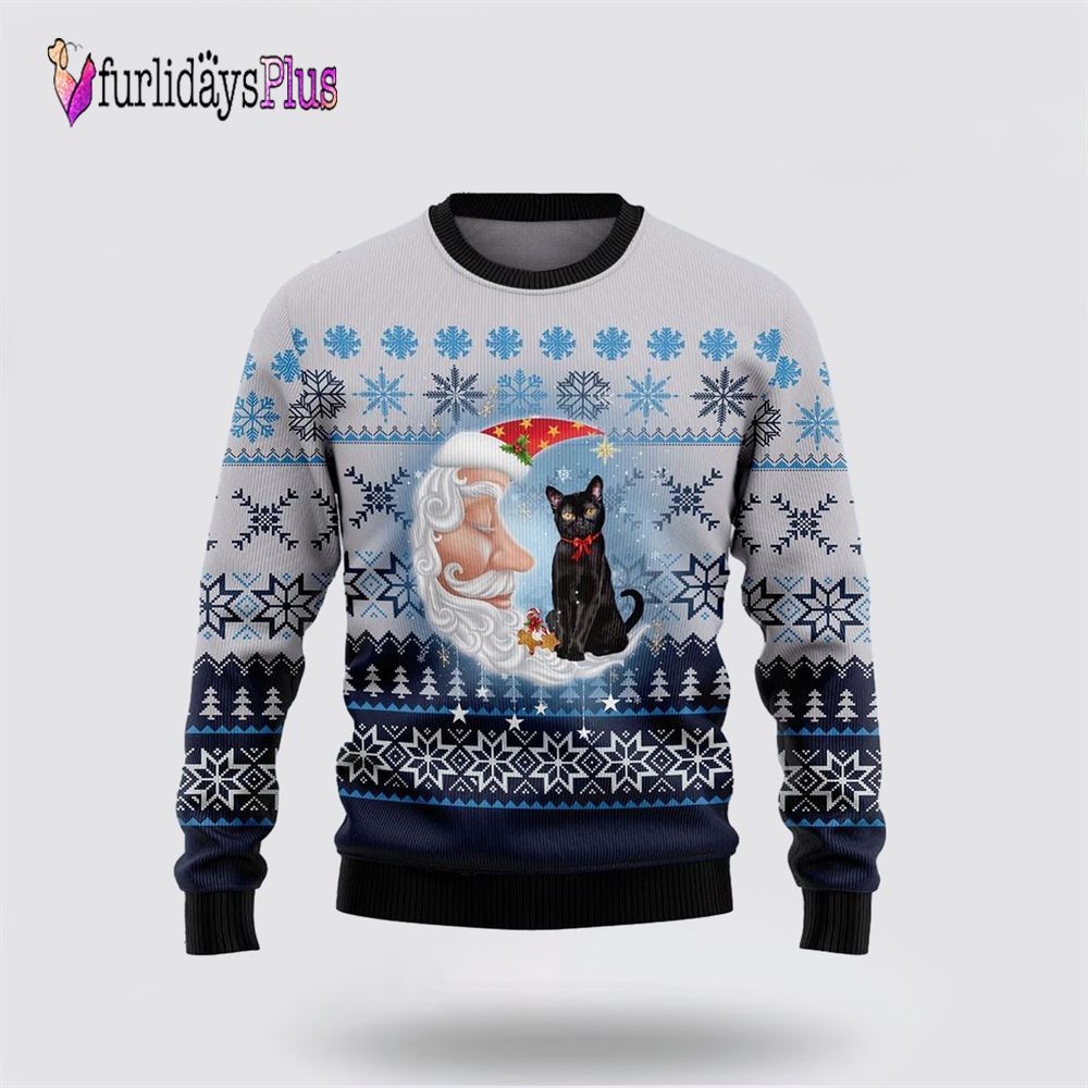 Black Cat Love Santa Moon Ugly Christmas Sweater, Cat Lover Christmas Sweater