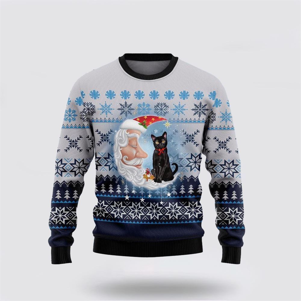 Black Cat Love Santa Moon Ugly Christmas Sweater, Christmas Sweater For Cat Lover