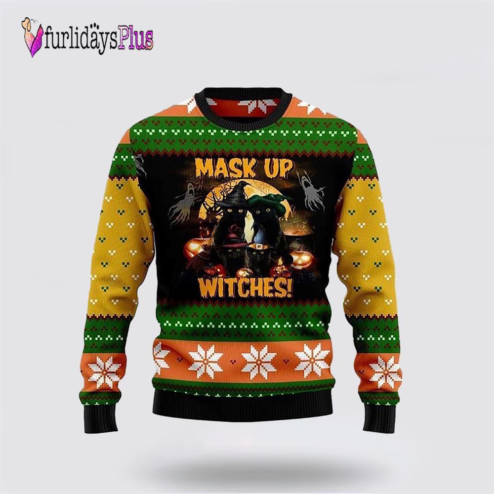 Black Cat Mask Up Witches Ugly Christmas Sweater, Cat Lover Christmas Sweater