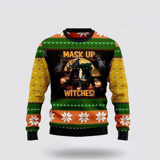 Black Cat Mask Up Witches Ugly Christmas Sweater, Christmas Sweater For Cat Lover