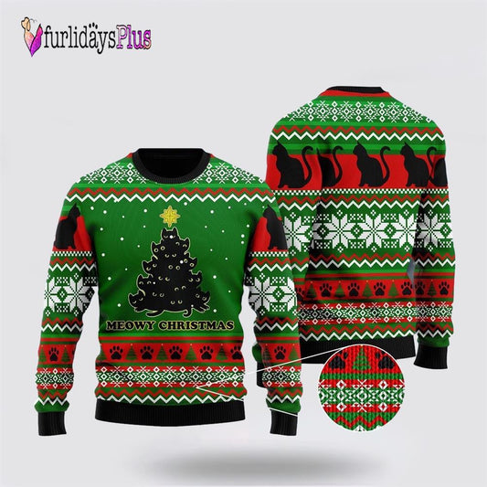 Black Cat Meowy Christmas Tree Ugly Christmas Sweater, Cat Lover Christmas Sweater