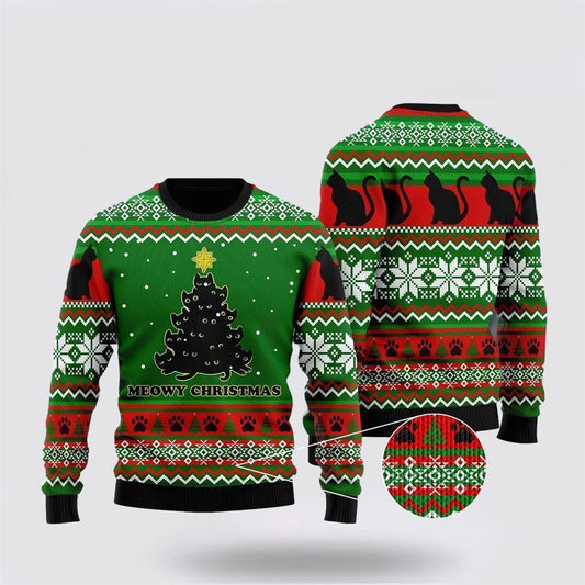 Black Cat Meowy Christmas Tree Ugly Christmas Sweater, Christmas Sweater For Cat Lover