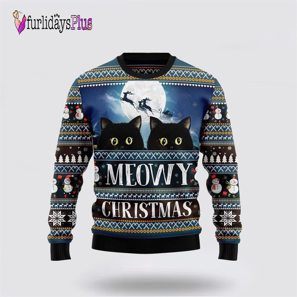 Black Cat Meowy Christmas Ugly Christmas Sweater, Cat Lover Christmas Sweater