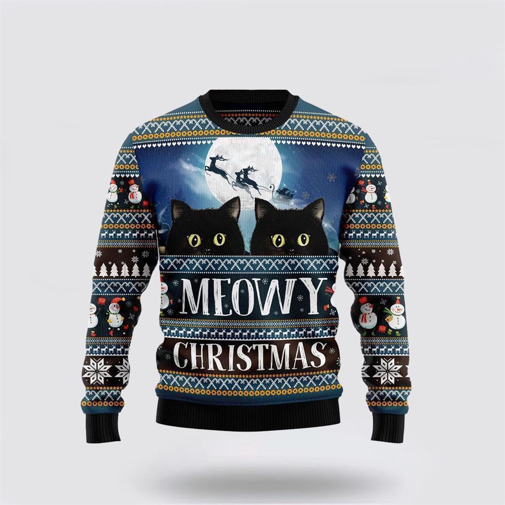 Black Cat Meowy Christmas Ugly Christmas Sweater, Christmas Sweater For Cat Lover