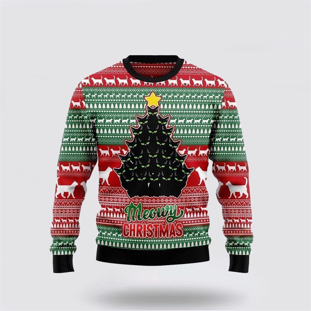 Black Cat Meowy Ugly Christmas Sweater, Christmas Sweater For Cat Lover