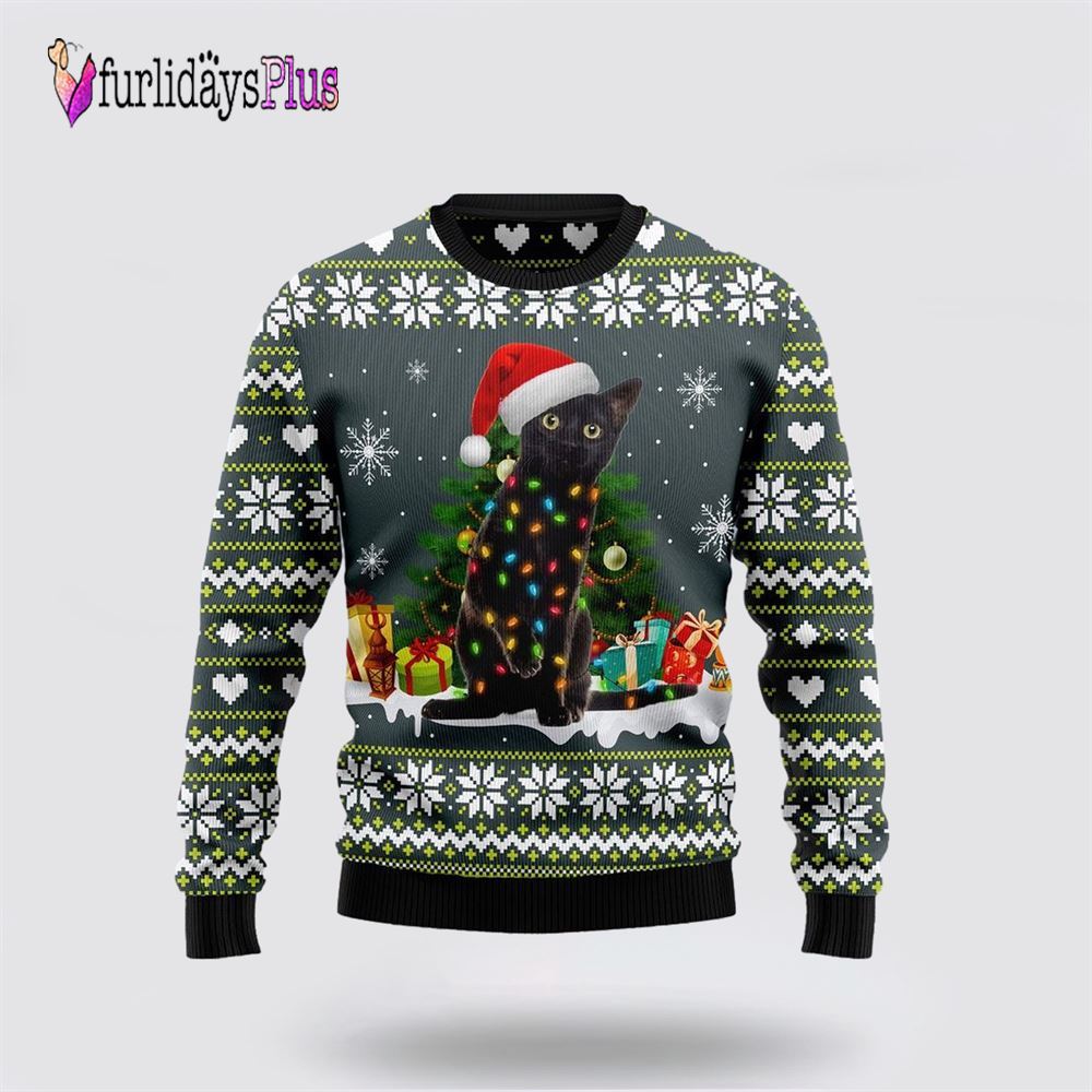 Black Cat Merry And Bright Ugly Christmas Sweater, Cat Lover Christmas Sweater