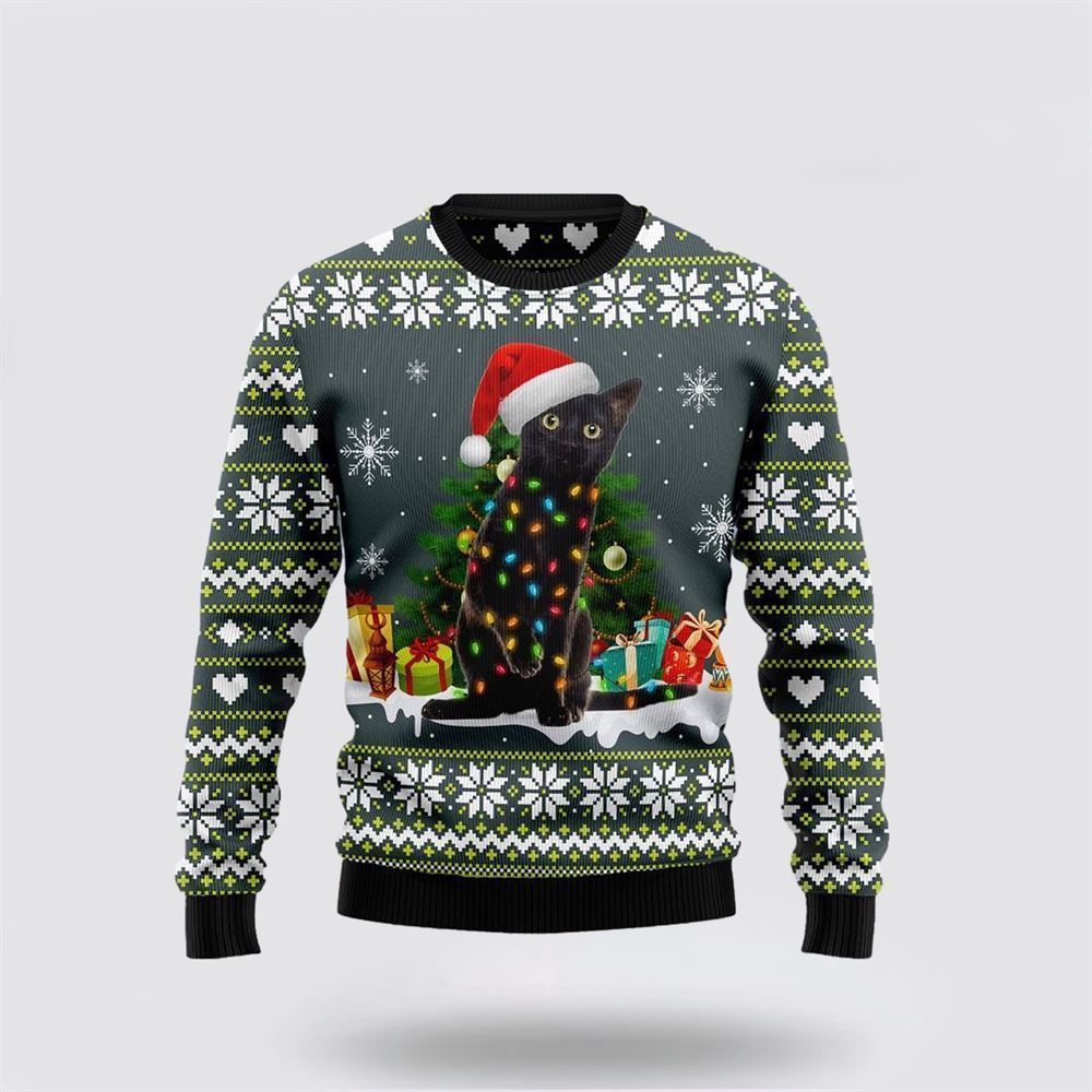 Black Cat Merry And Bright Ugly Christmas Sweater, Christmas Sweater For Cat Lover