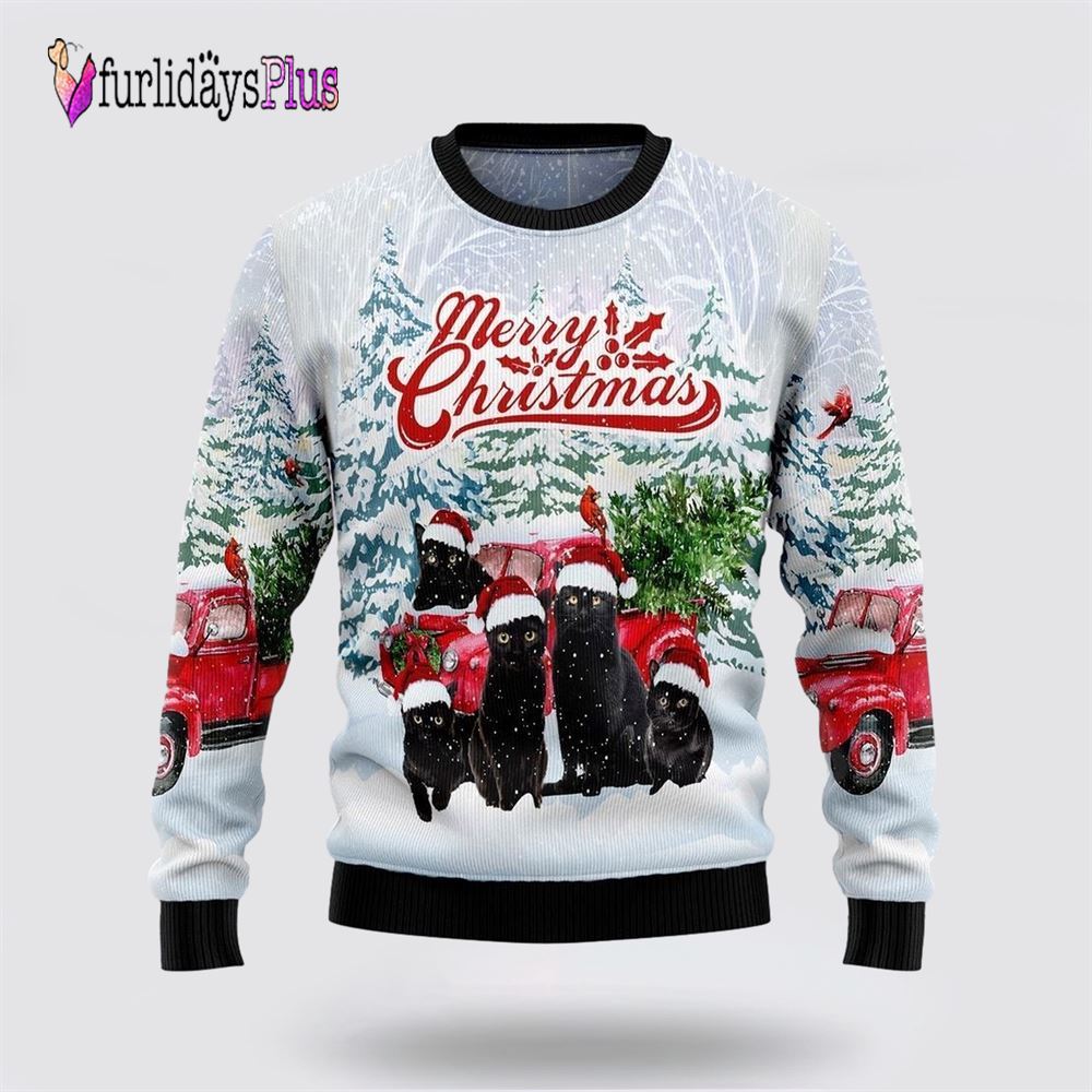 Black Cat Merry Christmas Ugly Christmas Sweater, Cat Lover Christmas Sweater