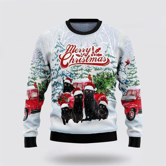 Black Cat Merry Christmas Ugly Christmas Sweater, Christmas Sweater For Cat Lover