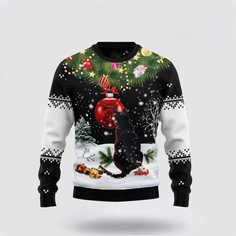 Black Cat Mirror Ugly Christmas Sweater, Christmas Sweater For Cat Lover