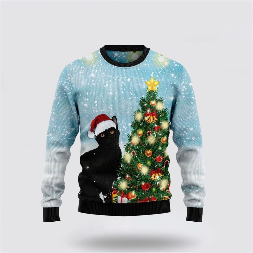 Black Cat Noel Tree Ugly Christmas Sweater, Christmas Sweater For Cat Lover