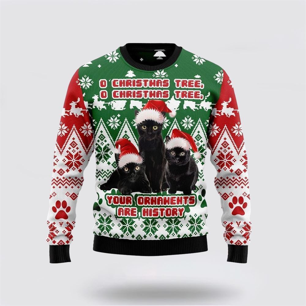 Black Cat Oh Christmas Tree Ugly Christmas Sweater, Christmas Sweater For Cat Lover