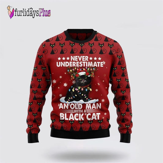 Black Cat Old Man Ugly Christmas Sweater, Cat Lover Christmas Sweater