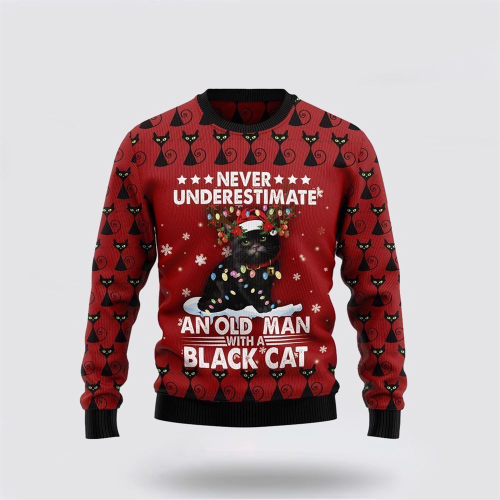 Black Cat Old Man Ugly Christmas Sweater, Christmas Sweater For Cat Lover