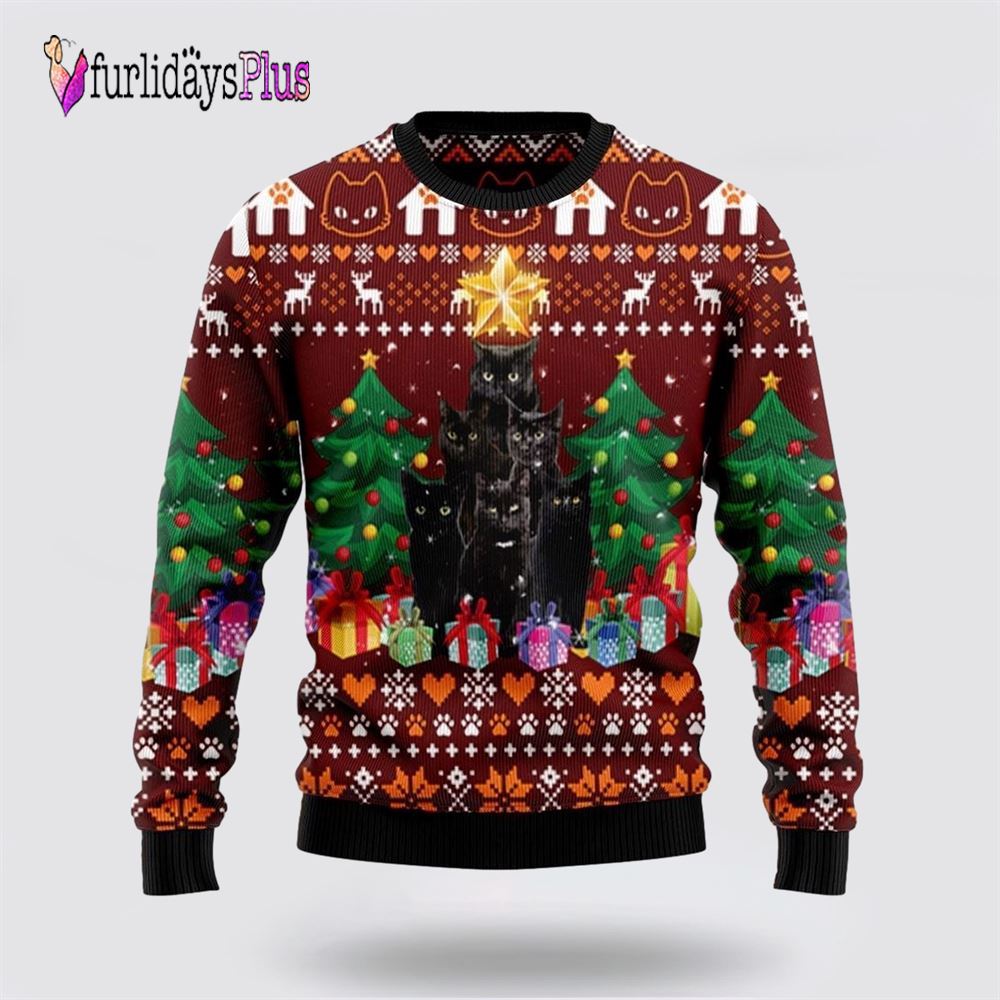 Black Cat Pine Tree Ugly Christmas Sweater, Cat Lover Christmas Sweater