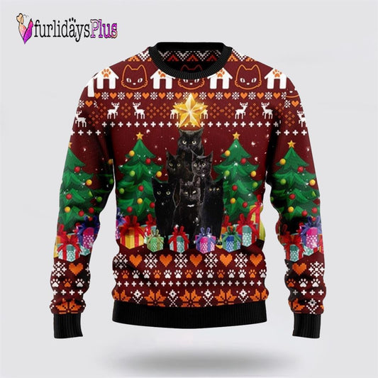 Black Cat Pine Tree Ugly Christmas Sweater, Cat Lover Christmas Sweater