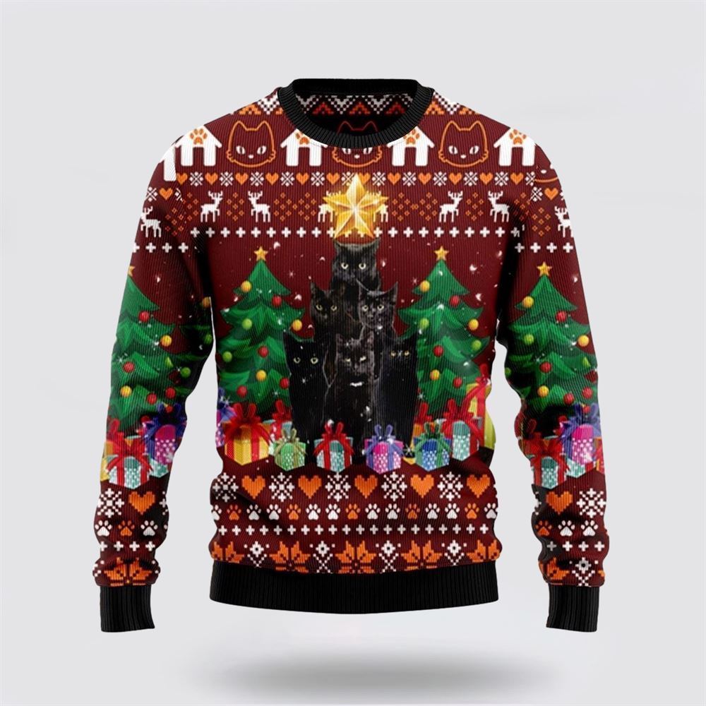 Black Cat Pine Tree Ugly Christmas Sweater, Christmas Sweater For Cat Lover