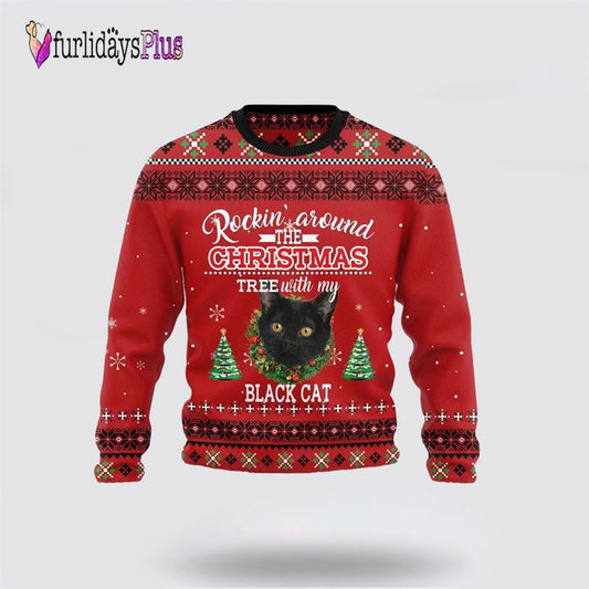 Black Cat Rockin Funny Family Ugly Christmas Sweater, Cat Lover Christmas Sweater