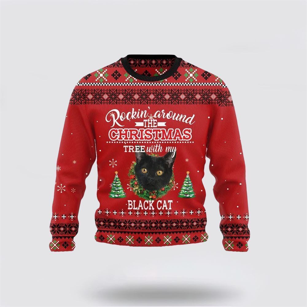 Black Cat Rockin Funny Family Ugly Christmas Sweater, Christmas Sweater For Cat Lover