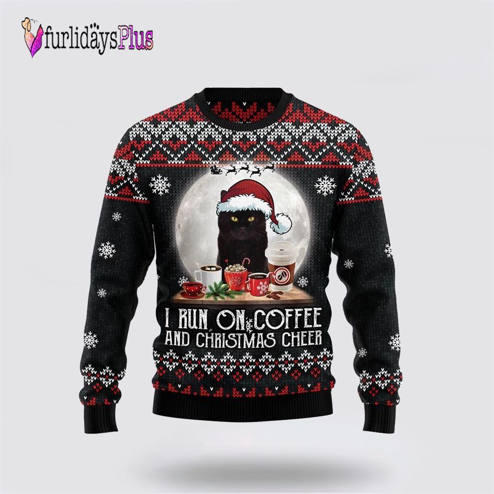 Black Cat Run On Coffee Ugly Christmas Sweater, Cat Lover Christmas Sweater