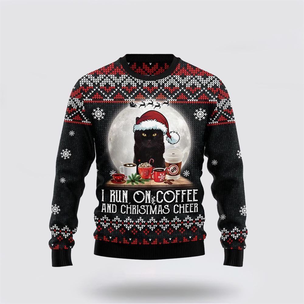 Black Cat Run On Coffee Ugly Christmas Sweater, Christmas Sweater For Cat Lover