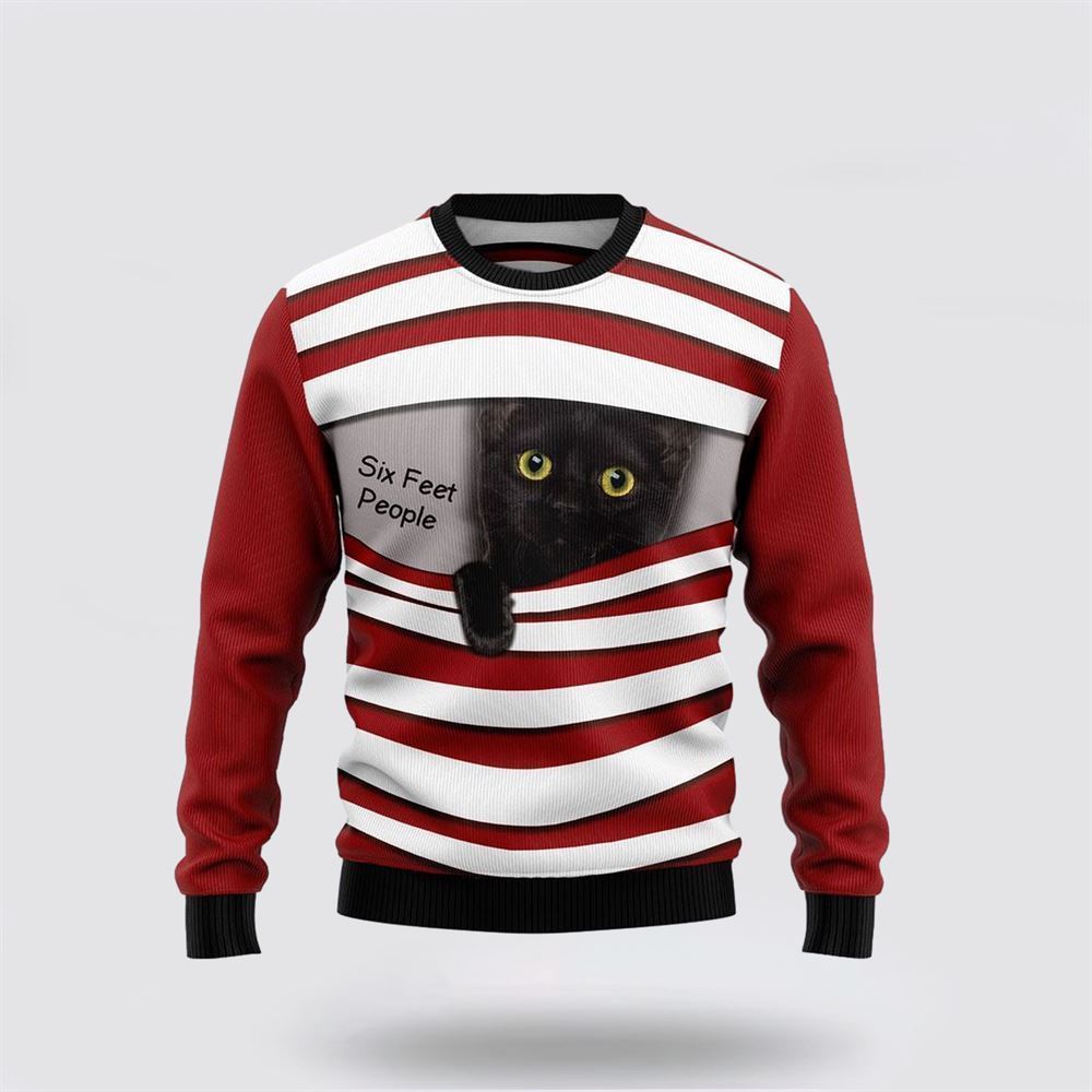 Black Cat Six Feet Ugly Christmas Sweater, Christmas Sweater For Cat Lover