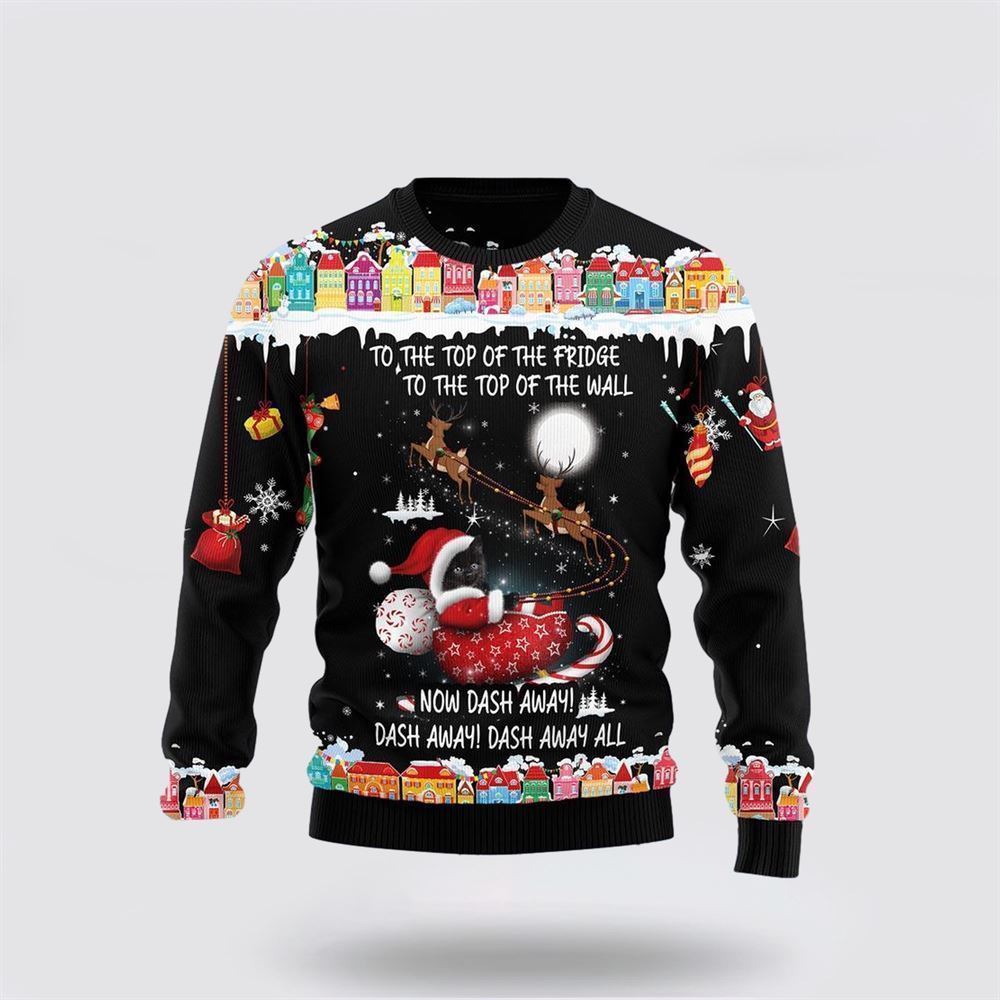 Black Cat Sleigh Christmas Ugly Christmas Sweater, Christmas Sweater For Cat Lover