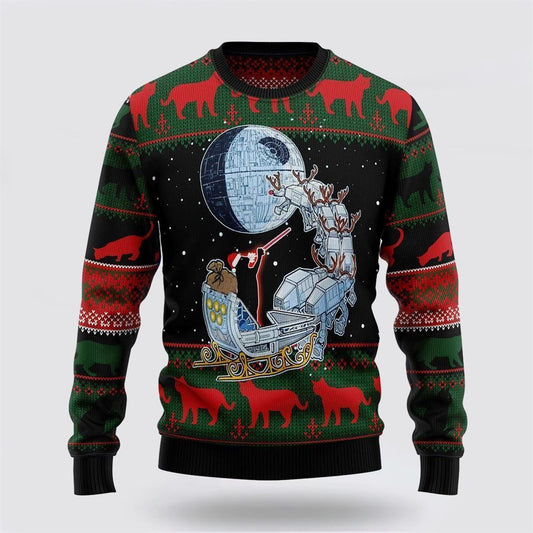 Black Cat Sleigh To Death Star Ugly Christmas Sweater, Christmas Sweater For Cat Lover