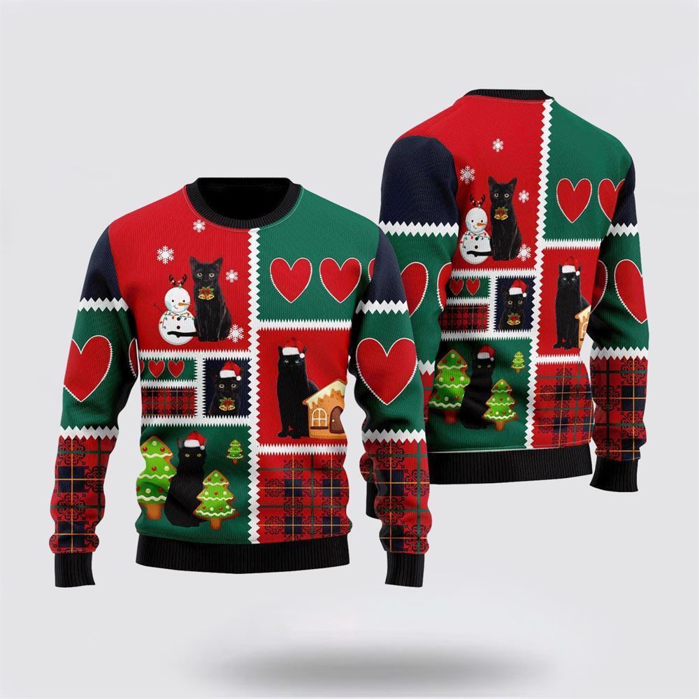 Black Cat Snow Ugly Christmas Sweater, Christmas Sweater For Cat Lover