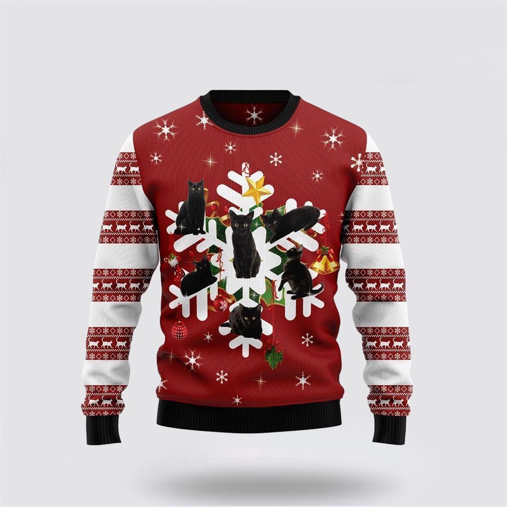 Black Cat Snowflake Ugly Christmas Sweater, Christmas Sweater For Cat Lover