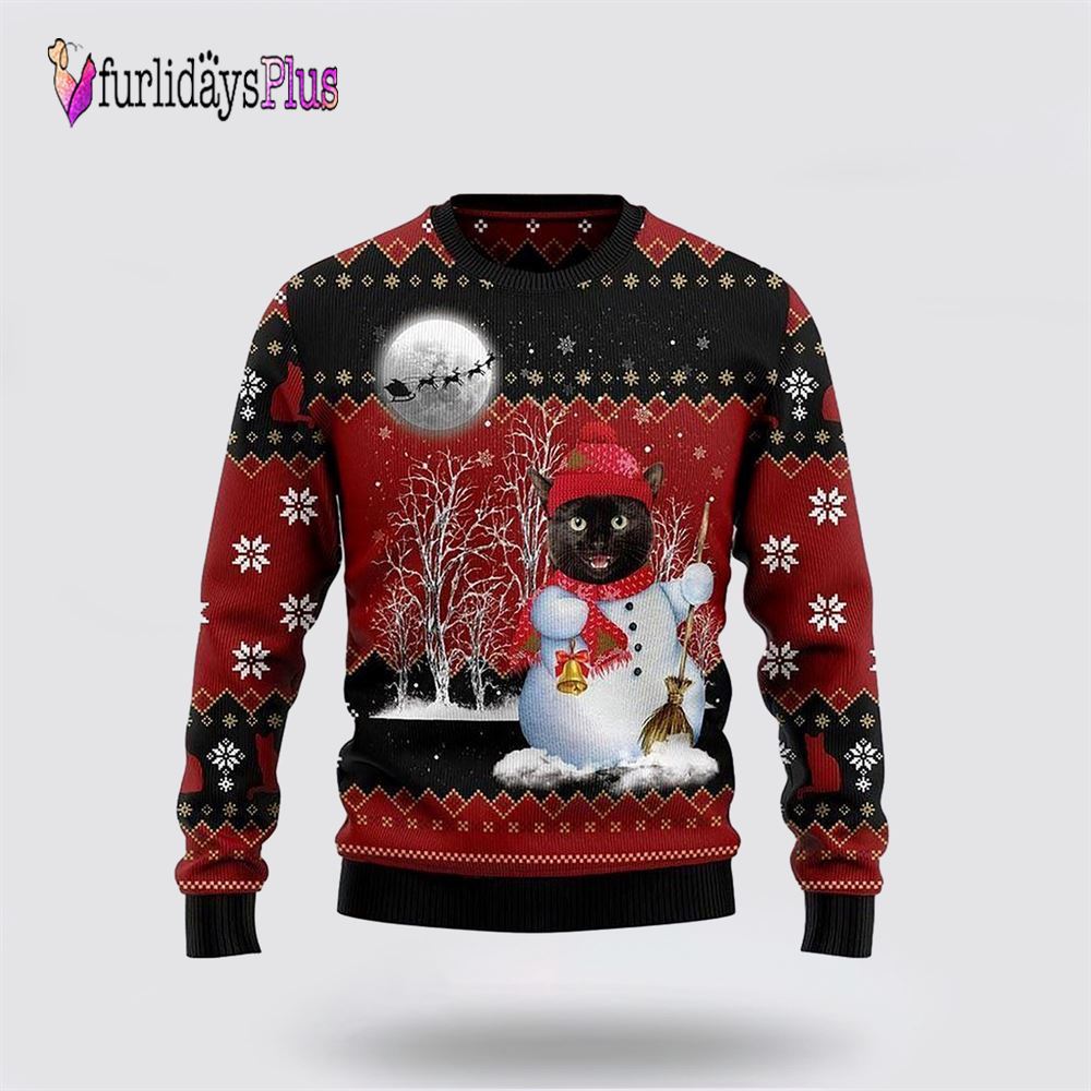 Black Cat Snowman Ugly Christmas Sweater, Cat Lover Christmas Sweater