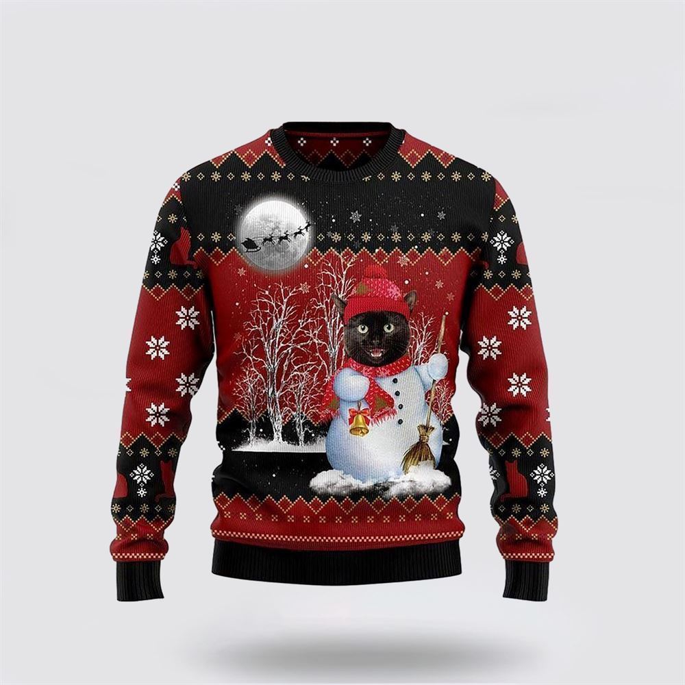 Black Cat Snowman Ugly Christmas Sweater, Christmas Sweater For Cat Lover