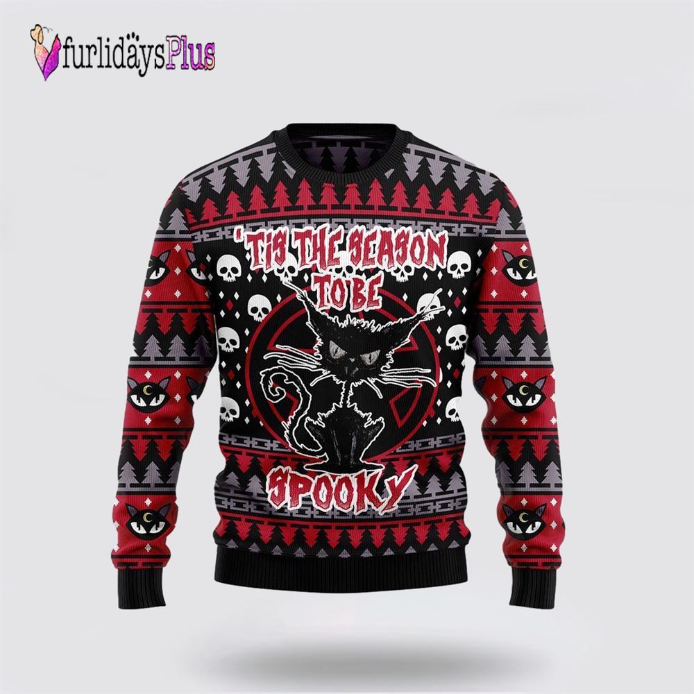 Black Cat Spooky Halloween Ugly Christmas Sweater, Cat Lover Christmas Sweater