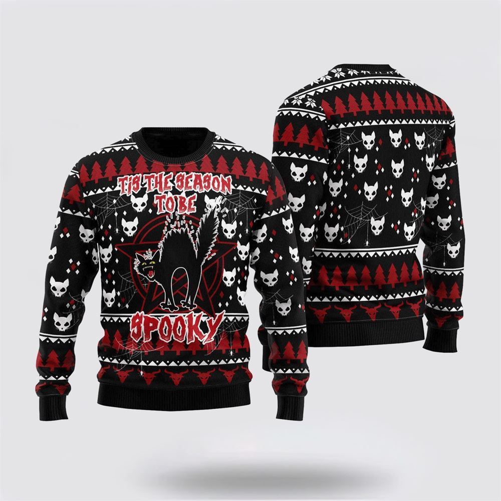 Black Cat Spooky Halloween Ugly Christmas Sweater, Christmas Sweater For Cat Lover