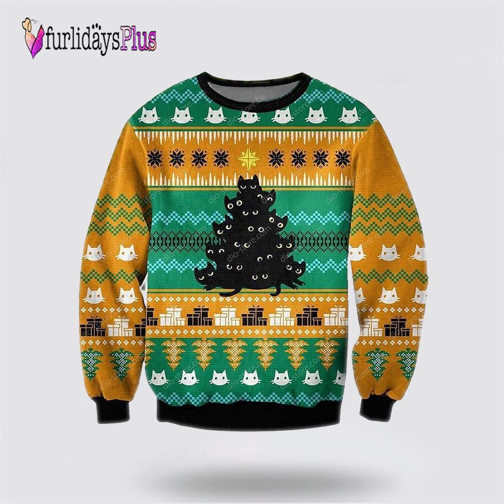 Black Cat Tree Meowy Ugly Christmas Orange Sweater, Cat Lover Christmas Sweater